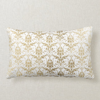 Vintage elegant white gold chic floral damask lumbar pillow