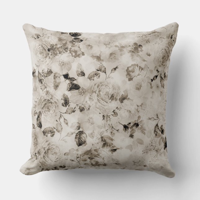 Vintage elegant white grey ivory roses floral throw pillow (Front)