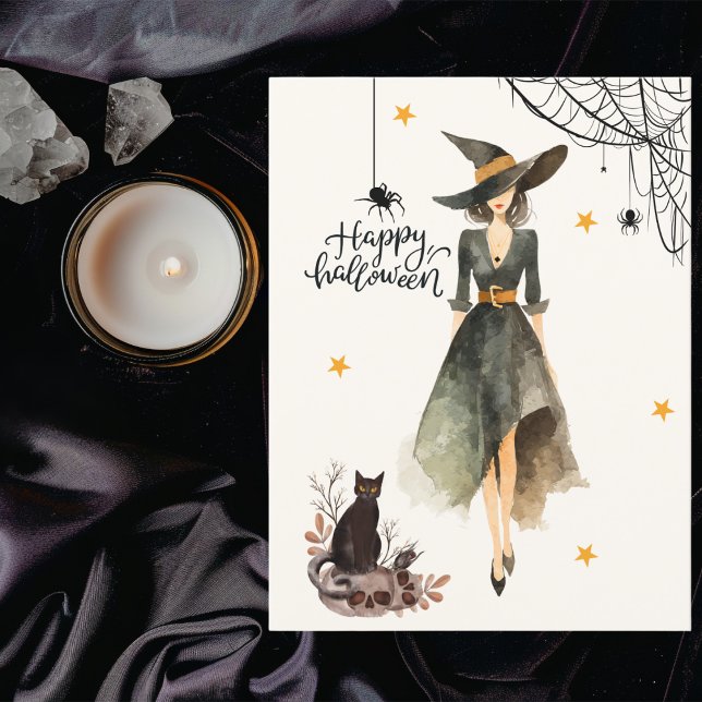 Vintage Elegant Witch Cat Spiders Gothic Halloween Card (Creator Uploaded)