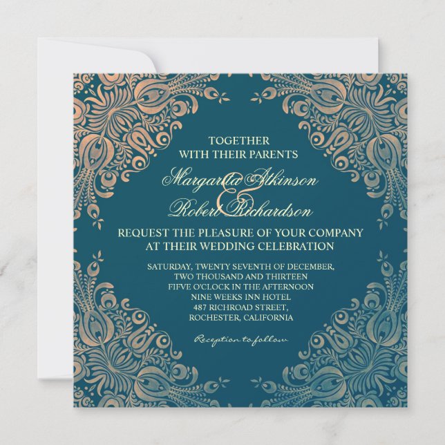vintage élégante invitation mariage damassé chic (Devant)