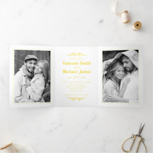 Vintage elements and yellow typography wedding Tri-Fold invitation