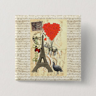 Vintage elephant and red heart balloons 2 inch square button