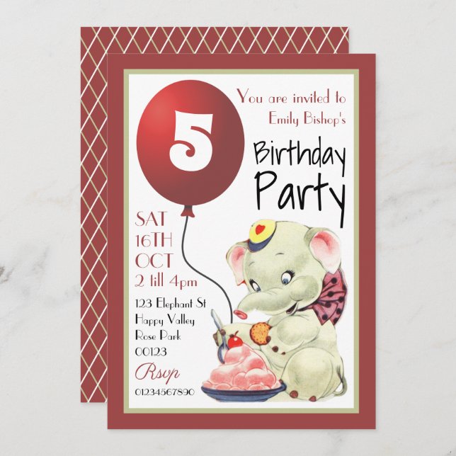 Vintage Elephant Birthday Party Invitation (Front/Back)