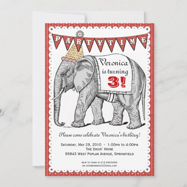 Vintage Elephant Circus Parade Invitation - Red (Front)