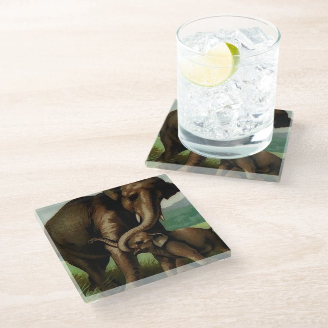 Vintage elephant cow with  her baby  glass coaster (Angled)