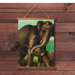 Vintage elephant cow with  her calf hanging tapestry