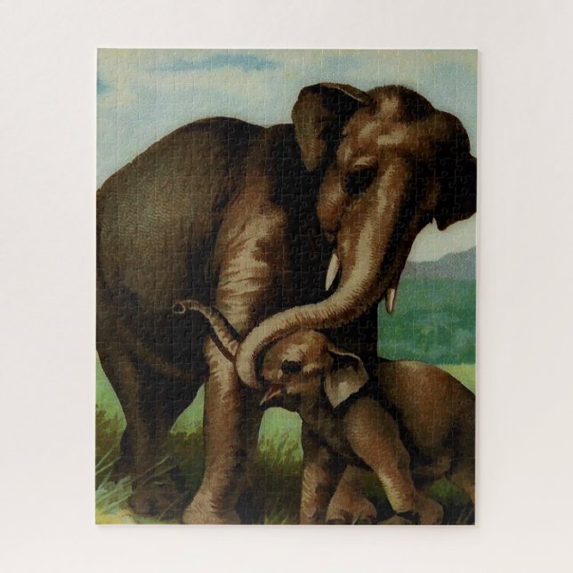 Vintage elephant cow with  her calf jigsaw puzzle (Vertical)
