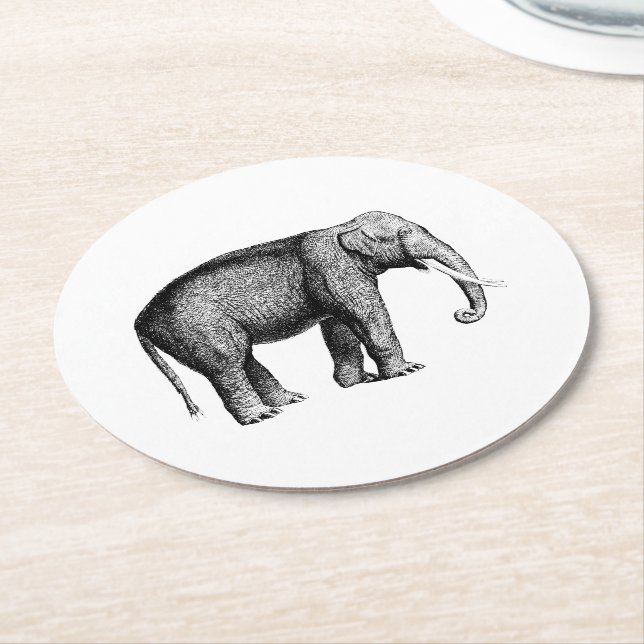 Vintage Elephant Drawing Round Paper Coaster (Angled)