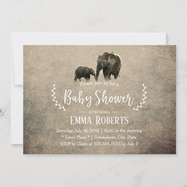 Vintage Elephant Family Safari Baby Shower Invitation (Front)