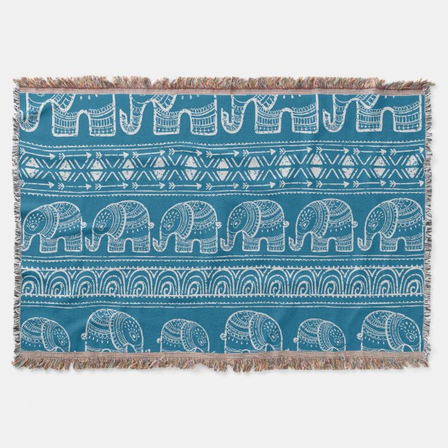 Vintage Elephant Frame Illustration Throw Blanket (Front)