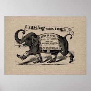 Vintage elephant graphic Victorian ad burlap linen Poster