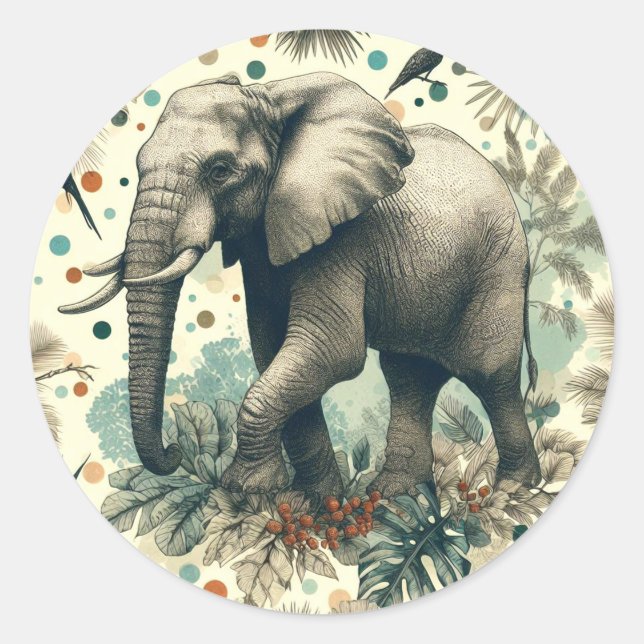 Vintage Elephant Jungle Painting Classic Round Sticker (Front)