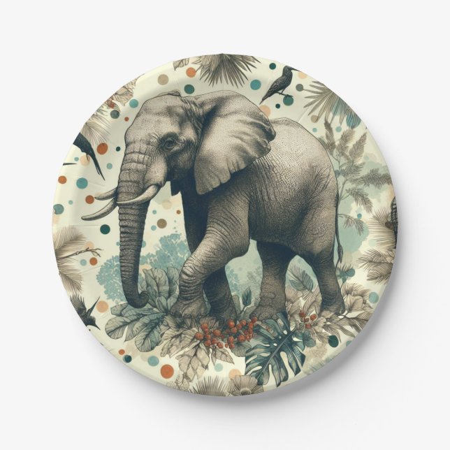 Vintage Elephant Jungle Painting Paper Plate (Front)