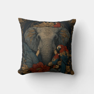 Vintage Elephant & Parrot Botanical Throw Pillow
