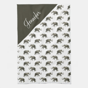 Vintage Elephant Pattern Custom Name Kitchen Towel