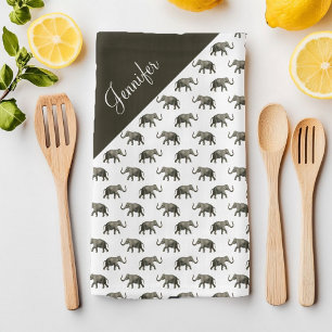 Vintage Elephant Pattern Custom Name Kitchen Towel