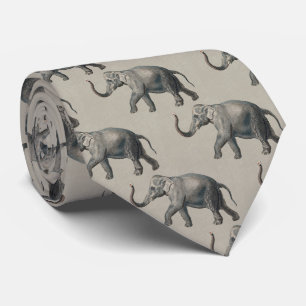 Vintage Elephant Pattern on Beige Linen Tie