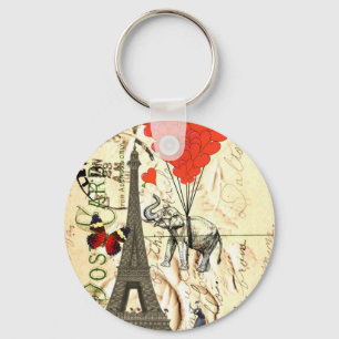 Vintage elephant & red heart balloons keychain