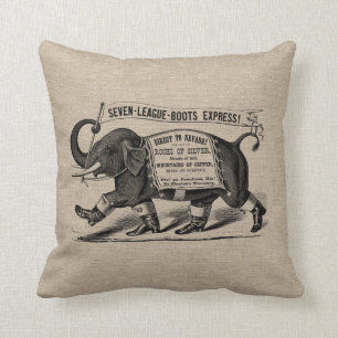 Vintage elephant Victorian ad burlap linen jute Throw Pillow