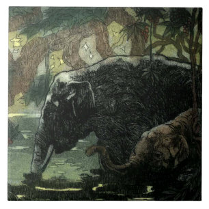 Vintage Elephants In Jungle Tile