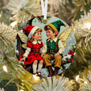 Vintage Elven Fairy Children Christmas Personalize Metal Ornament