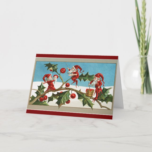 Vintage Elves And Berries Holiday Card (Front)