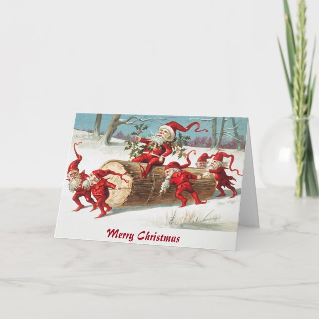 Vintage Elves Bringing the Yule Log Christmas Card (Front)