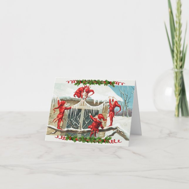 Vintage Elves Hang Icicles on House Christmas Card (Front)