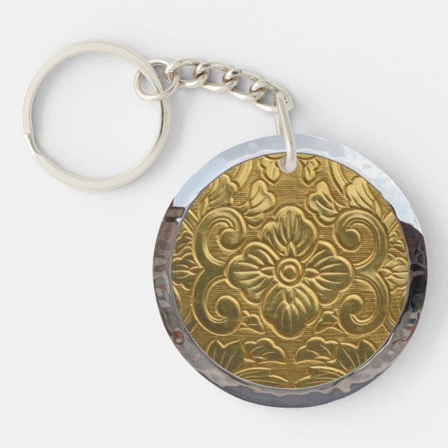Vintage Embossed Gold Pattern Silver Keychain (Front)