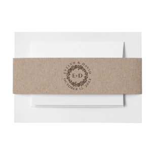 Vintage embossed rose wreath, kraft paper wedding invitation belly band