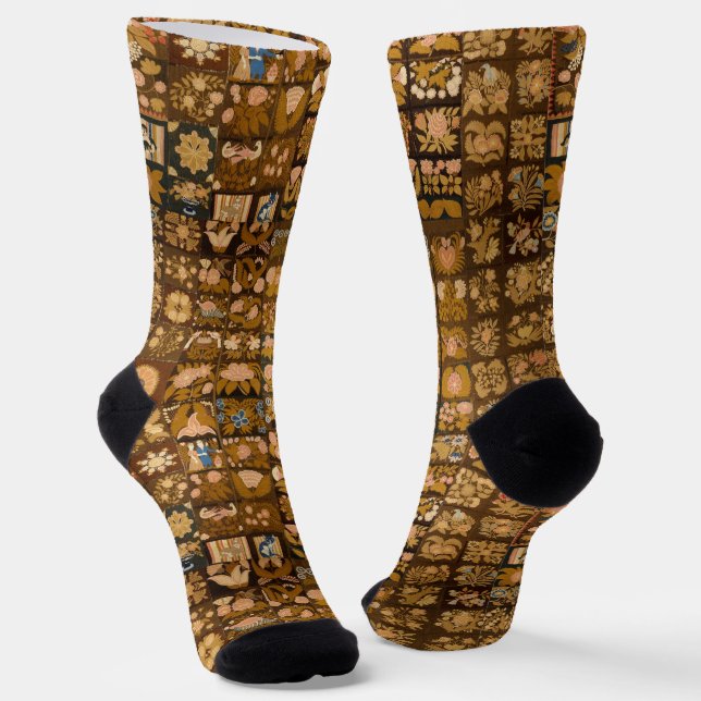 Vintage Embroidered Floral Quilt with Animals Socks (Angled)