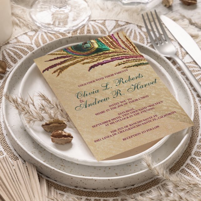 Vintage Embroidery Peacock Feather Wedding Invites (Creator Uploaded)