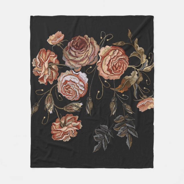 Vintage embroidery: roses on black. fleece blanket (Front)
