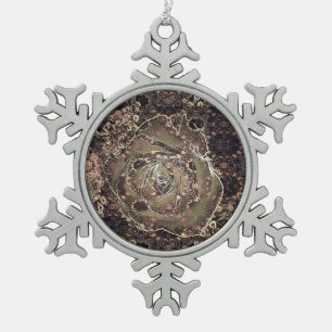 Vintage Emedded Rose Mauve Design Snowflake Pewter Christmas Ornament
