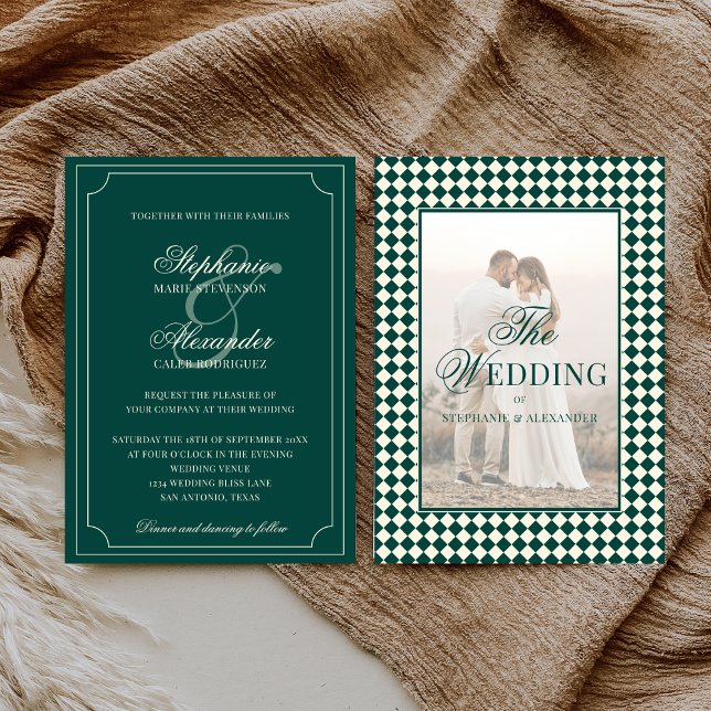 Vintage Emerald Checkered Old Money Photo Wedding Invitation (Creator Uploaded)