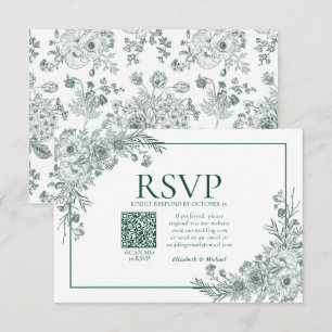 Vintage Emerald Floral Line Art QR Code RSVP Card