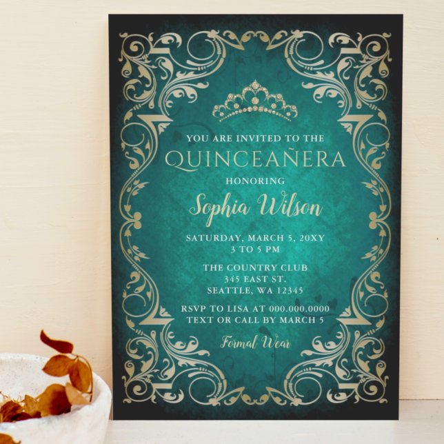 Vintage Emerald Gold Princess Tiara Quinceañera  Invitation (Creator Uploaded)