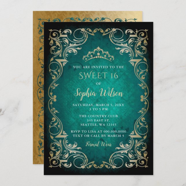 Vintage Emerald Gold Princess Tiara Sweet 16  Invitation (Front/Back)