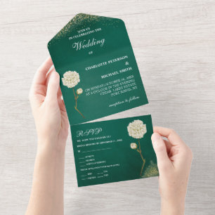 Vintage Emerald Green And Gold Wedding  All In One Invitation