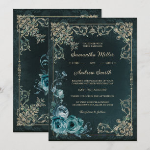Vintage Emerald Green and Gold Wedding Invitation