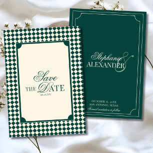 Vintage Emerald Green Chequered Old Money Wedding Save The Date