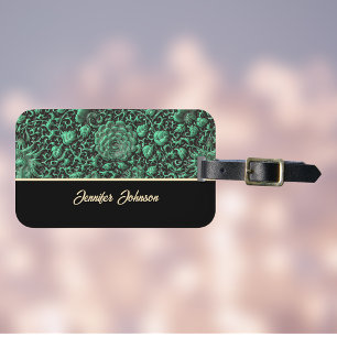 Vintage Emerald Green Floral Rose with Gold Script Luggage Tag