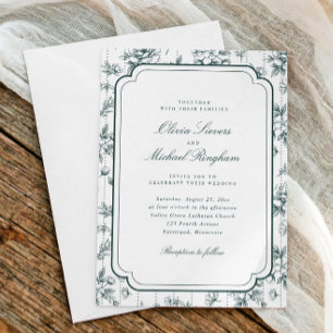 Vintage Emerald Green Floral Toile Frame Wedding Invitation