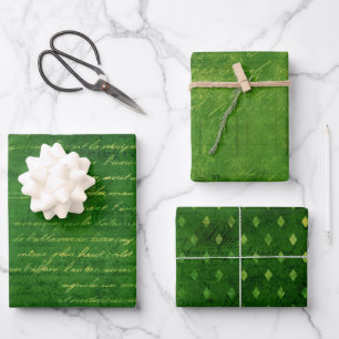 Vintage Emerald Green Glimmer Grunge Damask Script Wrapping Paper Sheet