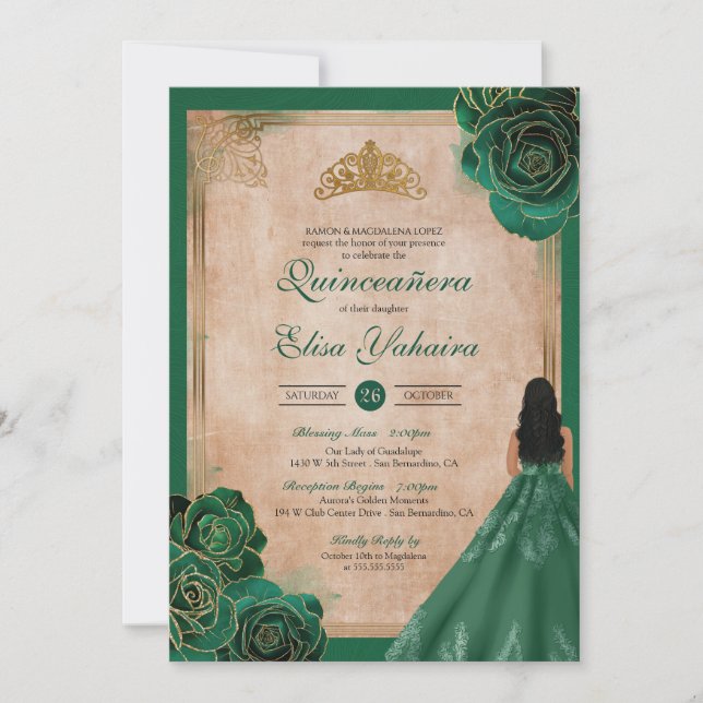 Vintage Emerald Green Gold Roses Royal Quinceanera Invitation (Front)