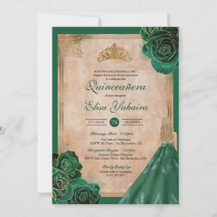 Vintage Emerald Green Gold Roses Royal Quinceanera Invitation