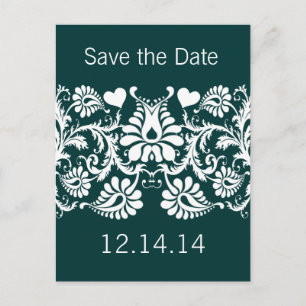 Vintage Emerald Green Heart Damask Announcement Postcard