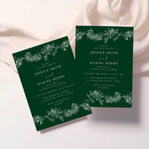 Vintage Emerald Green & White Floral Wedding Invitation