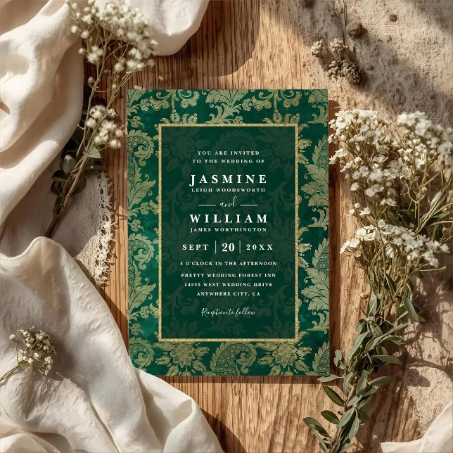 Vintage Emerald Peacock Gold QR Code Wedding Invitation (Creator Uploaded)