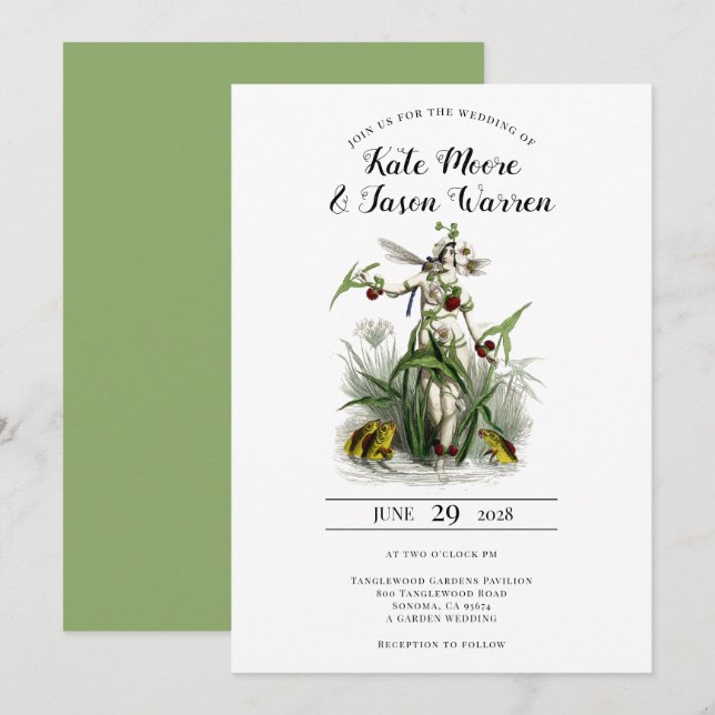 Vintage Enchanted Garden Fairy Green Wedding Invitation (Front/Back)